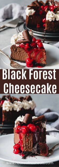 Be still my cherry chocolate loving heart! This Black Forest Cheesecake is a decadently creamy, dark chocolate cheesecake topped with cherry pie filling, sweetened whipped cream, and chocolate curls. #ad #cheesecake #blackforest #chocolate #cherries #easy #recipe #christmas #valentinesday #best #dark #dessert #holiday #cherrypiefillings