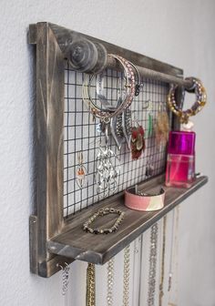 Spiegel Weiß//Natur Shabby Schmuckhalter Schmuckregal Schmuckständer mit Haken u