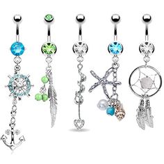 Inspiration Dezigns Belly Button Navel Curved Barbell Ring Black Semi-Fold Heart Gold Chain Dangle 14G