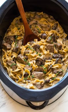 BEST Slow Cooker Beef Stroganoff. This healthy crock pot dinner is easy, creamy, and made without canned soup! A family favorite recipe.