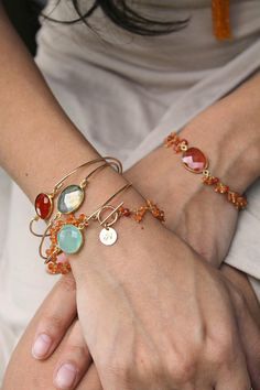 The Genevieve Set Gemstone Jewelry with Tassels /& Charms Layered Gemstone Stack Bracelets Gray Bohemian Bracelets for Everyday Green