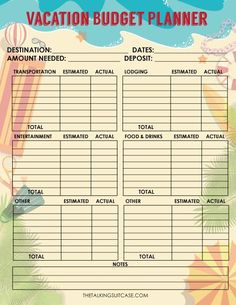 Save money and keep your travels on budget with this FREE Printable Travel Budget Worksheet. It's great for recording estimated costs before travel & actual costs once you return home from vacation. Destinations, Budget Travel, Vacation Budget Planner, Packing Tips For Travel, Travel Budget Worksheet, Budget Planner