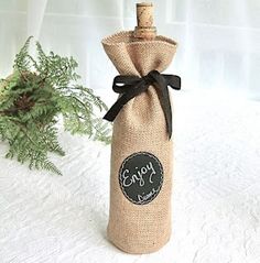 Decorating or Gifting with Re-Useable Chalkboard Labels for Charming Set of 4 BURLAP Champagne Bottle Bags