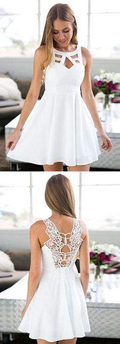 A-Line Jewel Short White Satin Homecoming Dress With Lace Homecoming Dresses, Women's Dresses, Homecoming Dresses For Teens, Homecoming Dresses Short, Backless Homecoming Dresses, Cheap Homecoming Dresses, Short Homecoming Dress, Satin Homecoming Dress, Dresses For Teens