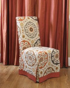 custom parsons chair slipcover with decorative back and banded skirt