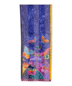 Laurel Burch 100/% Silk Oblong Silk Scarf Teal Blue Purple Celestial Cats New