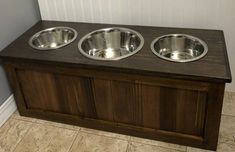 Made To Order White Distressed Base Large Dog Feeding Station Farmhouse style Elevated Dog Feeder English Chestnut 3 Bowls
