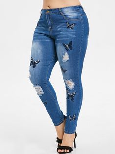 Women Embroidered Denim Ripped Pants Stretchy Jeans Slim Pencil Trousers LI0