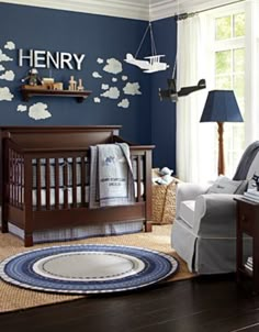 Navy tones baby boy nursery- maybe take this idea but do waves for an ocean? Toddler Room, Boy Room, Kids Bedroom