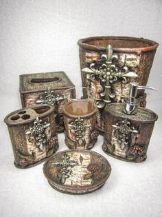 French Flair Luxe Fleur De Lis Bath Accessories Bathroom Collection Fleur De Lis Cross Pinecone Tree Bark Six Piece Bathroom Set