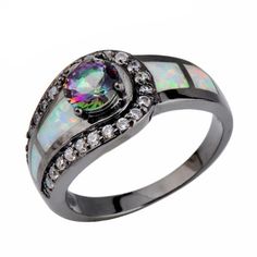 PSRINGS Rainbow Ball Opal Ring Black Gold Filled Jewelry Natural Stone Wedding Rings Merk