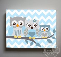 Cute Owl Canvas Paint Idea For Wall Decor Birds On Tree Branch Owl Decor Boys Wall Art Canvas Nursery By Muralmax