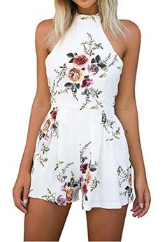 UUYUK Women Spaghetti Strap Casual Loose Printing V Neck Jumpsuit Romper
