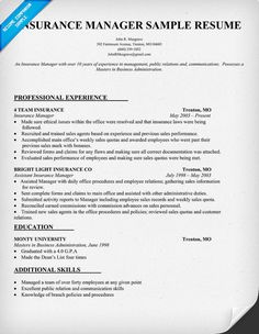Resume Resume Sample Insurance Manager insurance manager resume sample resumecompanion com samples across all industries pinterest