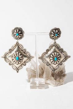 Oval Concho Flower Silver Earrings-Dangle Earring-South West Jewelry-Dangle Earrings-Earrings for Women