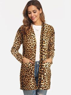 Romantc Womens Leopard Long Sleeve Lapel Open Front Floral Print Outwear Coat