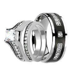 Cherish Loves Black Stainless Steel Blue Cubic Zirconia CZ Cross Over Wedding Engagement Anniversary Ring Women TKJ