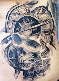 This is another imaginative unification of a clock face, gear wheels and a skull. The more detailed the tattoo is, the better it looks. The clock face and gear wheels show the shift of time, while the skull shows that everyone must come to the ultimate phase of death.  #tattoofriday #tattoos #tattooart #tattoodesign #tattooidea Turtle Tattoos, Buddha Tattoos, Tattoo Trends