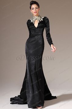 Black Embroidered High Neck Long Sleeves Evening Gown 02140800 Black Embroidered High Neck Long Sleeves Evening Gown 02140800