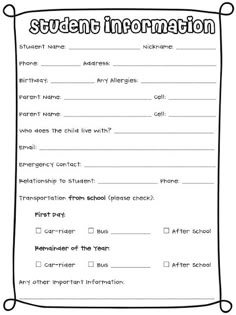 free and editable student information form for meet the teacher student profile form