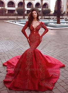 Bmbridal Long Sleeves Burgundy Mermaid Evening Prom Dress With ...