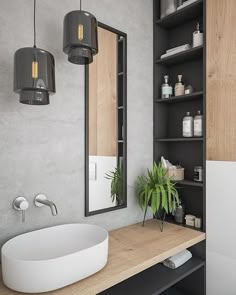 Bathroom Color Ideas Inspiration In 2019 Inspired Paint Banheiro Muito Lindo Com Parede Em Cimento Queimado E Madeirinha Olha Esses Nichos ótimos