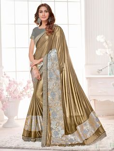 Designer Grey Heavy Zari Resham Embroidery Bollywood Sari Silk Party Wear Saree