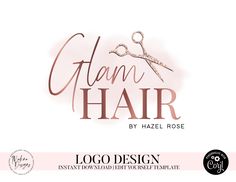 HAIR LOGO DESIGN, feminine Logo, Logo design, Logo, Premade logo, Logo Template, hairstylists, beauty, watercolor, rose gold Hair Logos, Logan, Logo Design, Graphic Design, Rose Gold Hair, Custom Logos, As You Like, Texts, Feminine