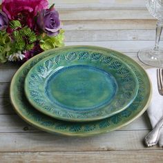 Two Rustic Dinnerware Place Settings Handmade Ceramic Stoneware Shimmering Green Pair Of Dinner And Salad Plates Made In USA Ready To Ship Two Rustic Dinnerware Place Settings Handmade Ceramic Stoneware Shimmering Green Pair Of Dinner And Salad Plates Made In USA Ready To Ship