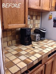 Diy Concrete Kit To Cover Ceramic Tile Countertops Pinterest Last We Left Off Encore Decorative Countertop System Was Rescuing Us From Ugly Tye Dyed Yellow And Brown Tile Countertops Our First Step In The Process