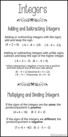 positive and negative integer chart algebra pinterest negative sign chart math