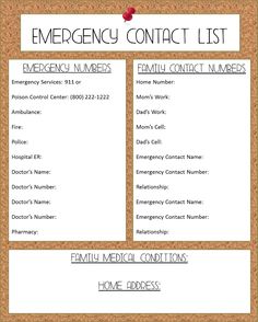 emergency phone numbers list template