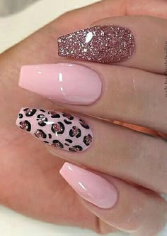 Acrylics, Pink Coffin, Pink Nail Designs, Pink Toe Nails, Leopard Nail Designs, Pink Leopard Nails, Pink Stiletto Nails