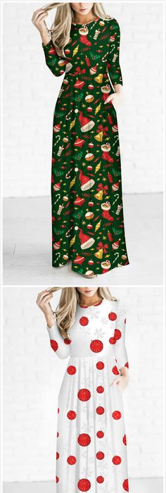 women s christmas style print 3 4 sleeve maxi dress roawe com women s christmas decoration print round neck long sleeve maxi dress roawe com