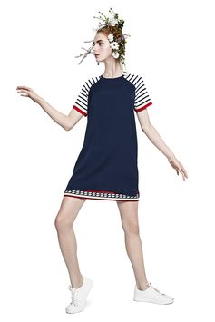 Desigual women's blue short-sleeved straight cut dress with contrasting sailor prints and double hem. Discover Desigual Women's Spring Collection on our website!