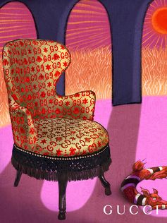 Armchairs and chairs enhanced by the GG pattern jacquard upholstery interspersed with bees and stars, accented by brass nail heads details. Download the Gucci App to personalize your spaces with new objects using Augmented Reality.