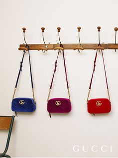 Crafted in chevron velvet, a look at new GG Marmont shoulder bags with Double G hardware.