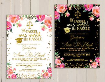 graduation party invitation black white stripe floral