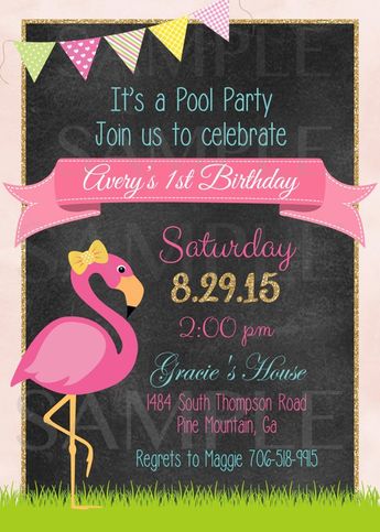 chalkboard flamingo pool party birthday invitation print