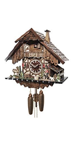 Quartz Cuckoo Clock Black Forest house with moving wood chopper and mill wheel with music EN 496 QMT
