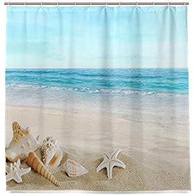 Beach Starfish Shell Shower Curtain Set Bathroom Mat Polyester Fabric w/12 Hooks Beach Starfish Shell Shower Curtain Set Bathroom Mat Polyester Fabric w/12 Hooks