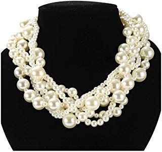 JNF Large Pearl Necklace Set Multi Layer Pearl Strand Costume Jewelry Sets Pearl Statement Necklace Bracelet and Earrings for Women