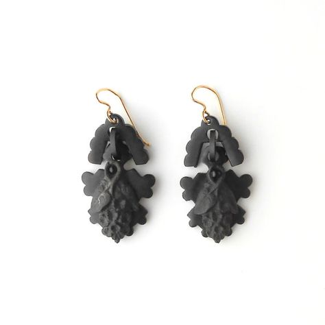 black glass and blackened steel 1980\u2019s Victorian Revival gothic black cameo brooch retro metal punk goth