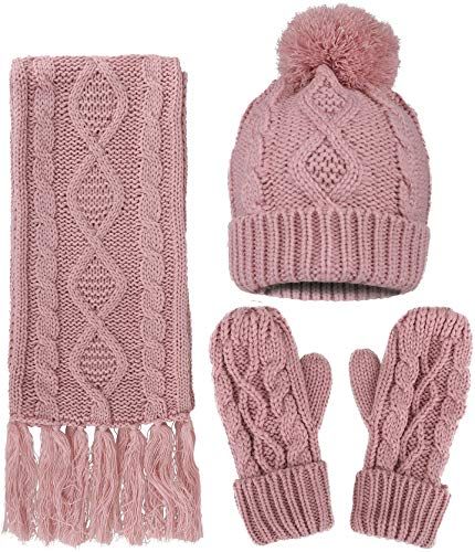 Womens Winter 3 Piece Cable Knit Beanie Hat Gloves & Scarf Set Womens Winter 3 Piece Cable Knit Beanie Hat Gloves & Scarf Set