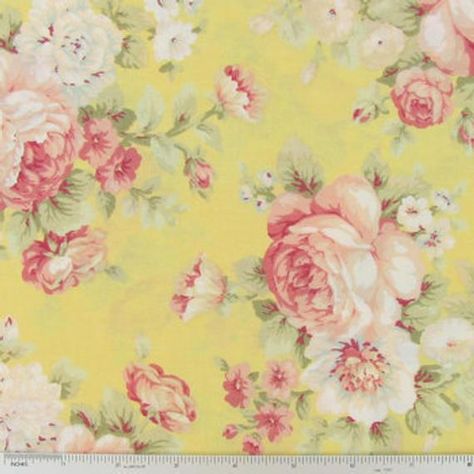 100/% Cotton Fabric BTY Soft Butter Yellow Floral Flowers Shabby Chic