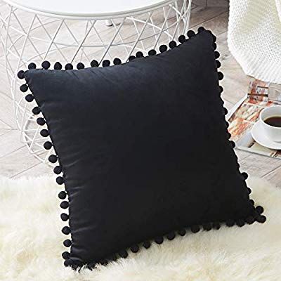 : Top Finel Decorative Throw Velvet Solid with Pom Poms Throw Pillow