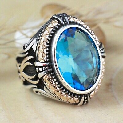 EXCELLENT TURKISH HANDMADE AQUA MARINE STERLING SILVER 925K RING SIZE 7,8,9