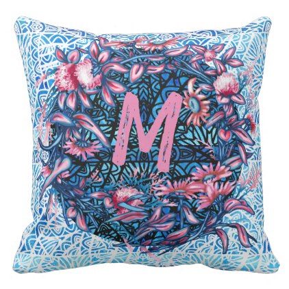 Floral Flower Wreath Plants Botanical Monogram Ini Throw Pillow