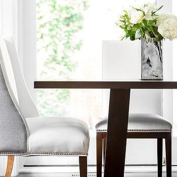 Gray Dining Room With Gray Medallion Curtains Transitional