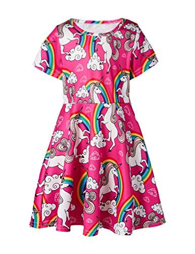 RAISEVERN Girls Short Sleeve Dress Casual Swing Skirt for Theme Holiday Party
